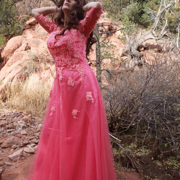 Long Coral Dress BY HAPPY WEDDING SIZE 14 NEW - Picture 6 of 13